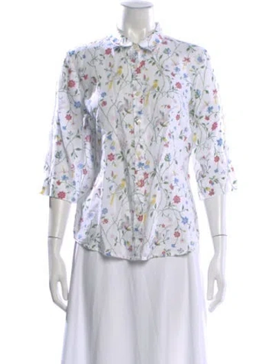 Pre-owned 120% Lino Linen Floral Print Blouse In White