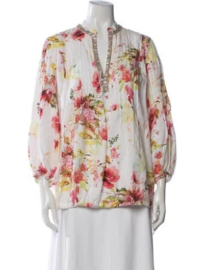 Pre-owned 120% Lino Linen Floral Print Blouse In White