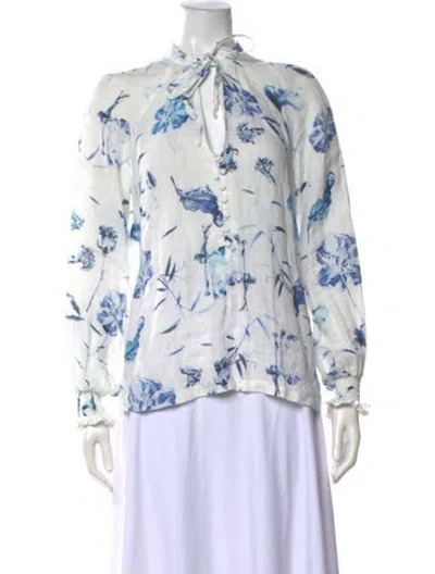 Pre-owned 120% Lino Linen Floral Print Blouse In White