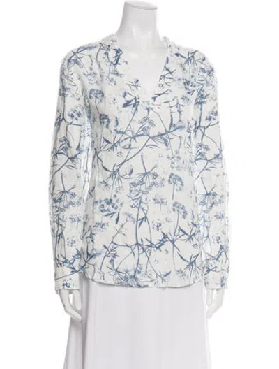 Pre-owned 120% Lino Linen Floral Print Blouse In White