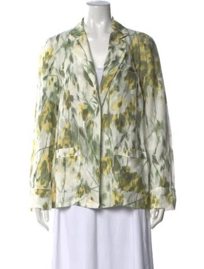 Pre-owned 120% Lino Linen Floral Print Button-up Top In Green