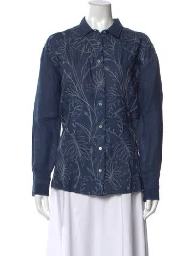 Pre-owned 120% Lino Linen Floral Print Button-up Top W/ Tags In Blue