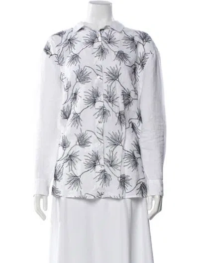 Pre-owned 120% Lino Linen Floral Print Button-up Top In White