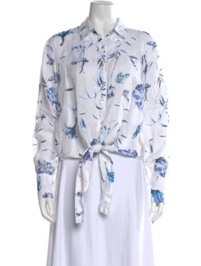 Pre-owned 120% Lino Linen Floral Print Button-up Top In White