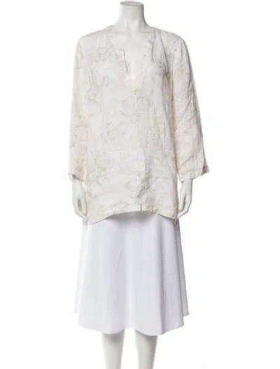 Pre-owned 120% Lino Linen Floral Print Tunic In White
