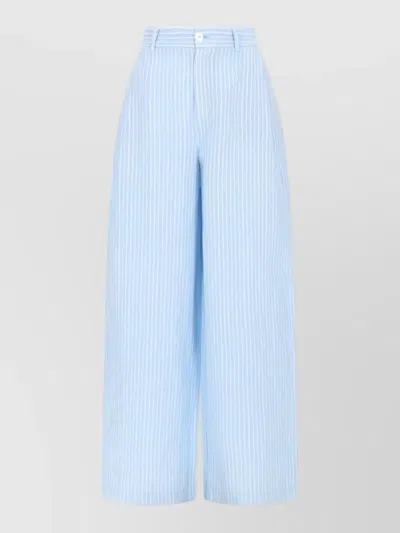 120% Lino Linen High Waist Striped Tailored Trousers In Blue