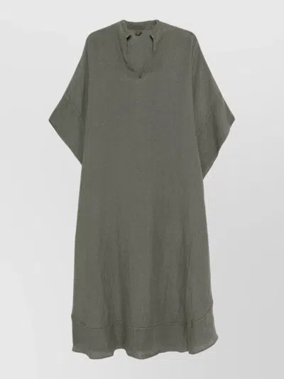 120% Lino Linen Kaftan Dress Knee Length V Neckline In Gray