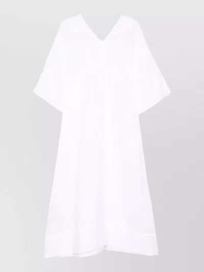 120% Lino Linen Kaftan Dress V Neckline Contrast In White