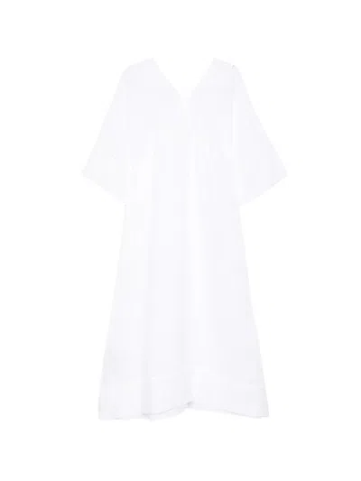 120% Lino Linen Kaftan V-neck With Seam Detailing And Contrasting Fabric Hem And Sleeves In White