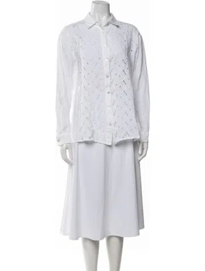 Pre-owned 120% Lino Linen Lace Pattern Blouse In White