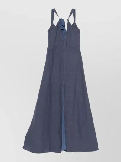 120% Lino Linen Long Dress A Line V Neckline In Blue