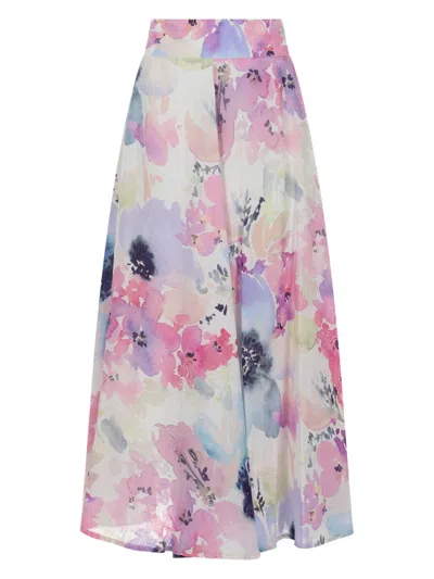 120% Lino Linen Long Skirt In Multicolor