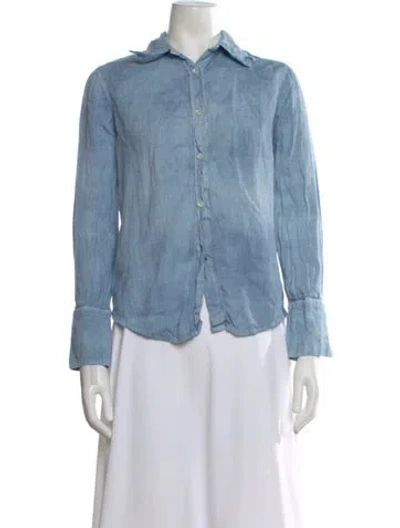 Pre-owned 120% Lino Linen Long Sleeve Button-up Top In Blue