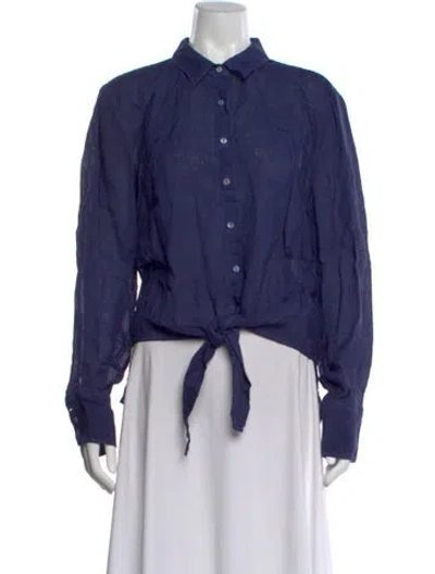 Pre-owned 120% Lino Linen Long Sleeve Button-up Top In Blue
