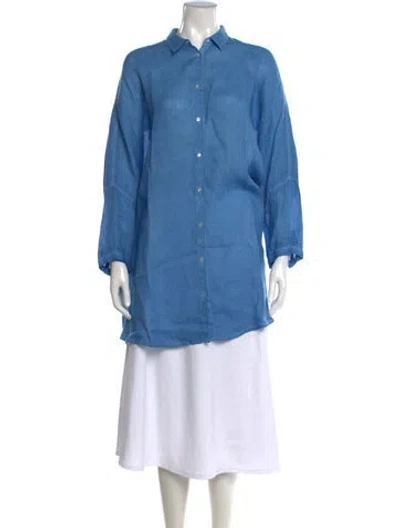 Pre-owned 120% Lino Linen Long Sleeve Button-up Top In Blue