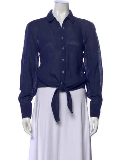 Pre-owned 120% Lino Linen Long Sleeve Button-up Top In Blue