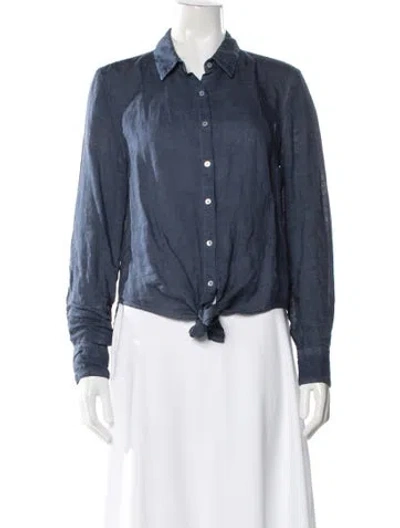 Pre-owned 120% Lino Linen Long Sleeve Button-up Top In Blue
