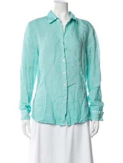 Pre-owned 120% Lino Linen Long Sleeve Button-up Top In Blue