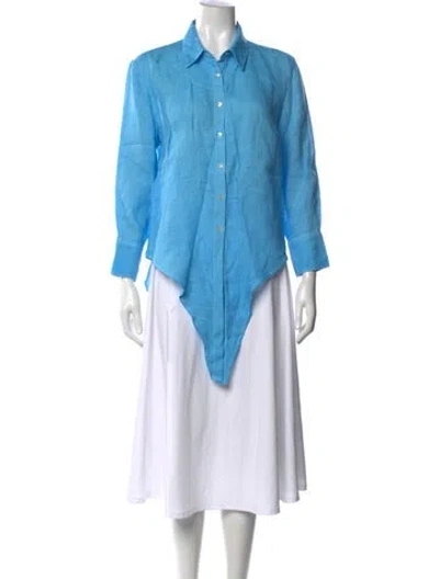 Pre-owned 120% Lino Linen Long Sleeve Button-up Top In Blue