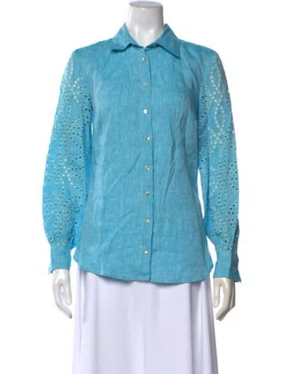 Pre-owned 120% Lino Linen Long Sleeve Button-up Top In Blue
