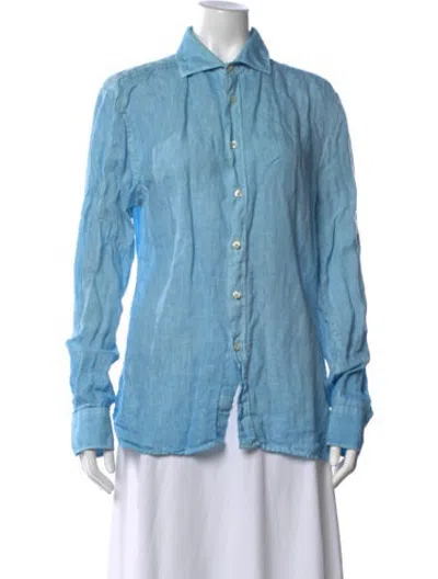 Pre-owned 120% Lino Linen Long Sleeve Button-up Top In Blue