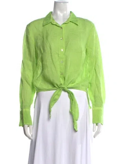 Pre-owned 120% Lino Linen Long Sleeve Button-up Top In Green