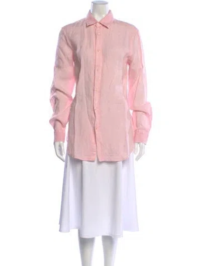 Pre-owned 120% Lino Linen Long Sleeve Button-up Top In Pink