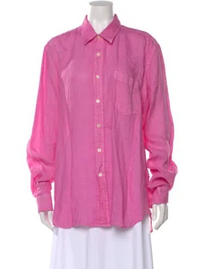 Pre-owned 120% Lino Linen Long Sleeve Button-up Top In Pink
