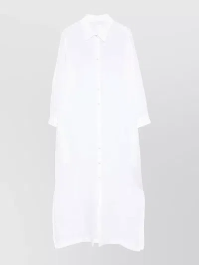 120% Lino Linen Longline Shirt Dress Side Slits In White