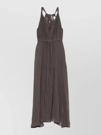 120% Lino Adjustable Back Closure Mini Linen Dress With Slits In Brown
