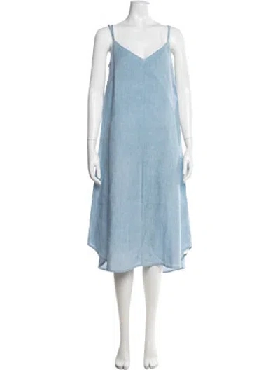 Pre-owned 120% Lino Linen Midi Length Dress In Blue