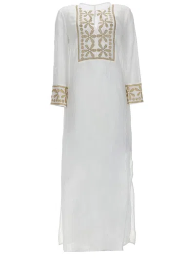 120% Lino Abito Con Decorazoni Floreali In White
