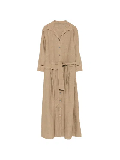 120% Lino Linen Mini Dress With Short Sleeves, Button Closure & Belted Waist In Verde
