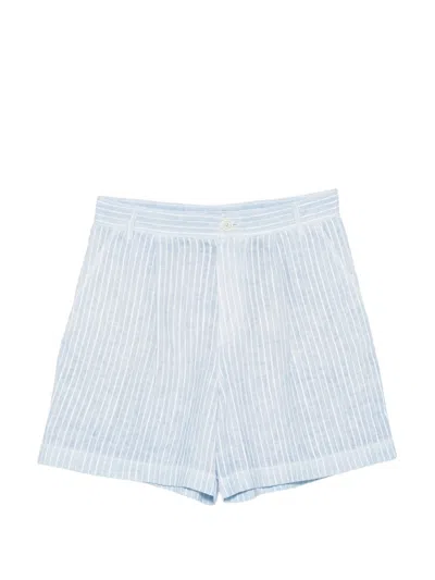 120% Lino Linen Mini Shorts With Zip And Button Closure In Blue