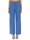 120% Lino Relaxed Wide-leg Linen Pants With Drawstring Waist In Blue