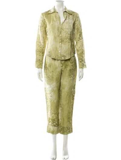 Pre-owned 120% Lino Linen Printed Pant Set In Green