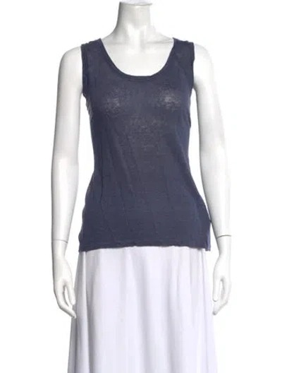 Pre-owned 120% Lino Linen Scoop Neck Top In Blue