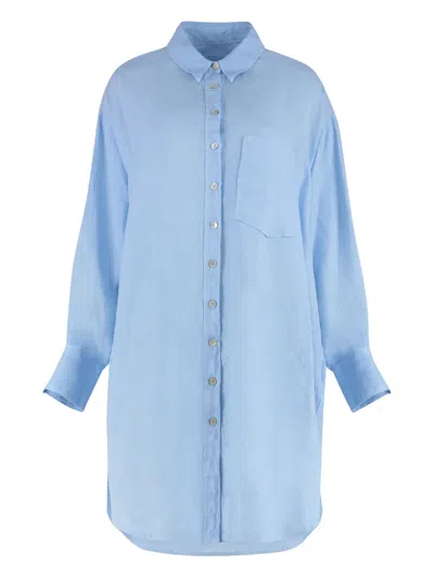 120% Lino Linen Shirt Dress In Blue