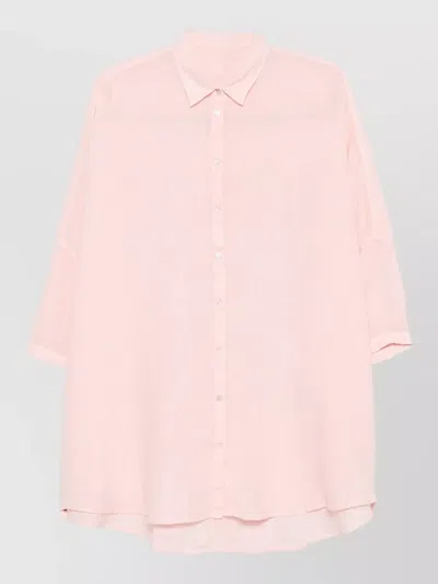 120% Lino Linen Shirt Dress Three Quarter Sleeves In Pink