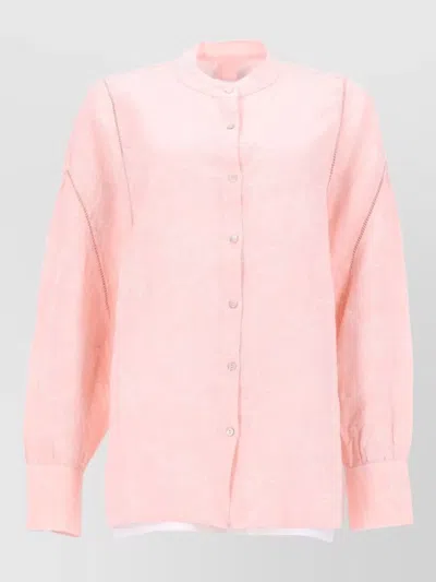 120% Lino Linen Shirt Embroidered Design Long Sleeves In Pink