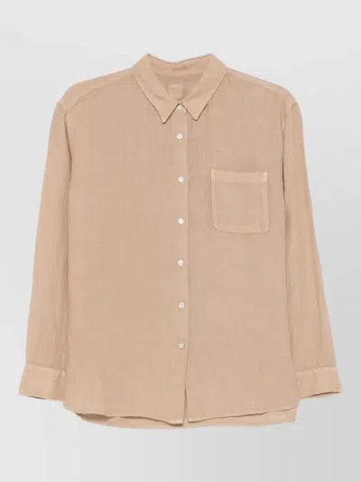 120% Lino Linen Shirt Long Sleeves Chest Pocket Collar In Neutral