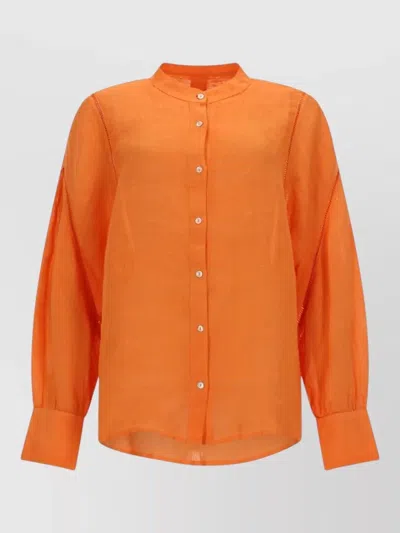 120% Lino Linen Shirt Long Sleeves Mandarin Collar Relaxed Fit In Orange