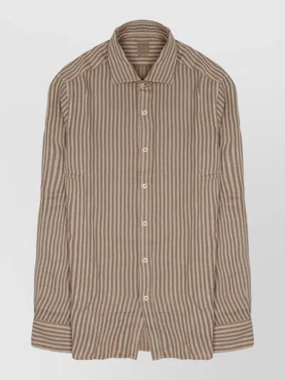120% Lino Linen Shirt Long Sleeves Striped Pattern In Brown