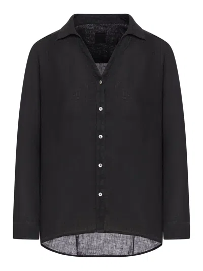 120% Lino Linen Shirt With Asymmetric Hem In Black