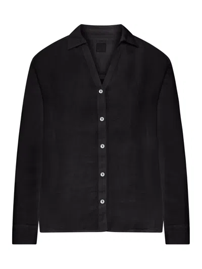 120% Lino Linen Shirt With Collar And V-neck In Black