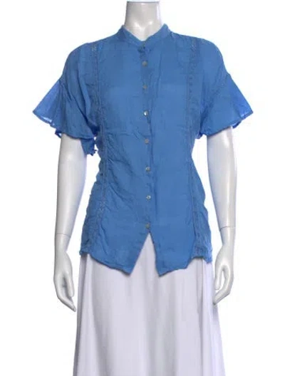 Pre-owned 120% Lino Linen Short Sleeve Blouse In Blue
