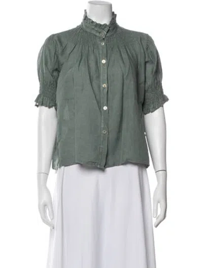 Pre-owned 120% Lino Linen Short Sleeve Blouse In Blue