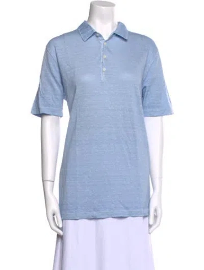 Pre-owned 120% Lino Linen Short Sleeve Polo W/ Tags In Blue