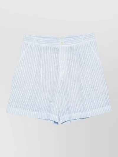 120% Lino Linen Mini Shorts With Zip And Button Closure In Blue