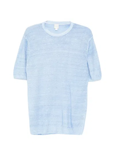 120% Lino Linen Short-sleeved T-shirt In Blue